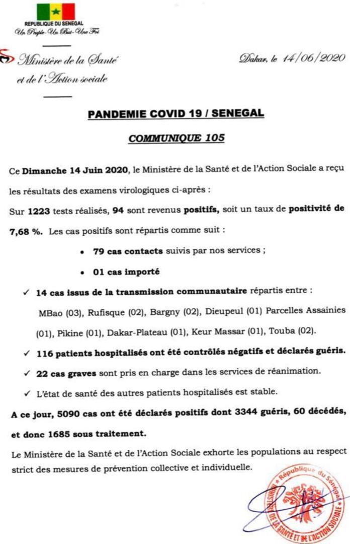 Coronavirus/Sénégal: 94 nouvelles infections dont 14 de type communautaire