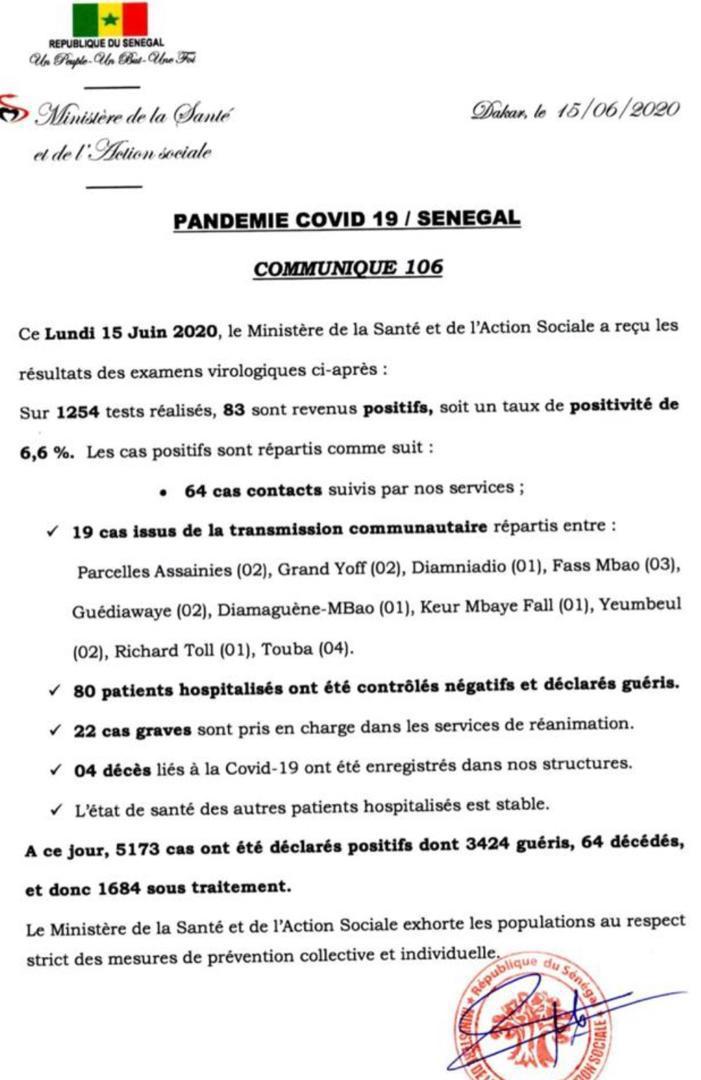 Coronavirus/Sénégal: 83 nouvelles contaminations dont 19 de type communautaire