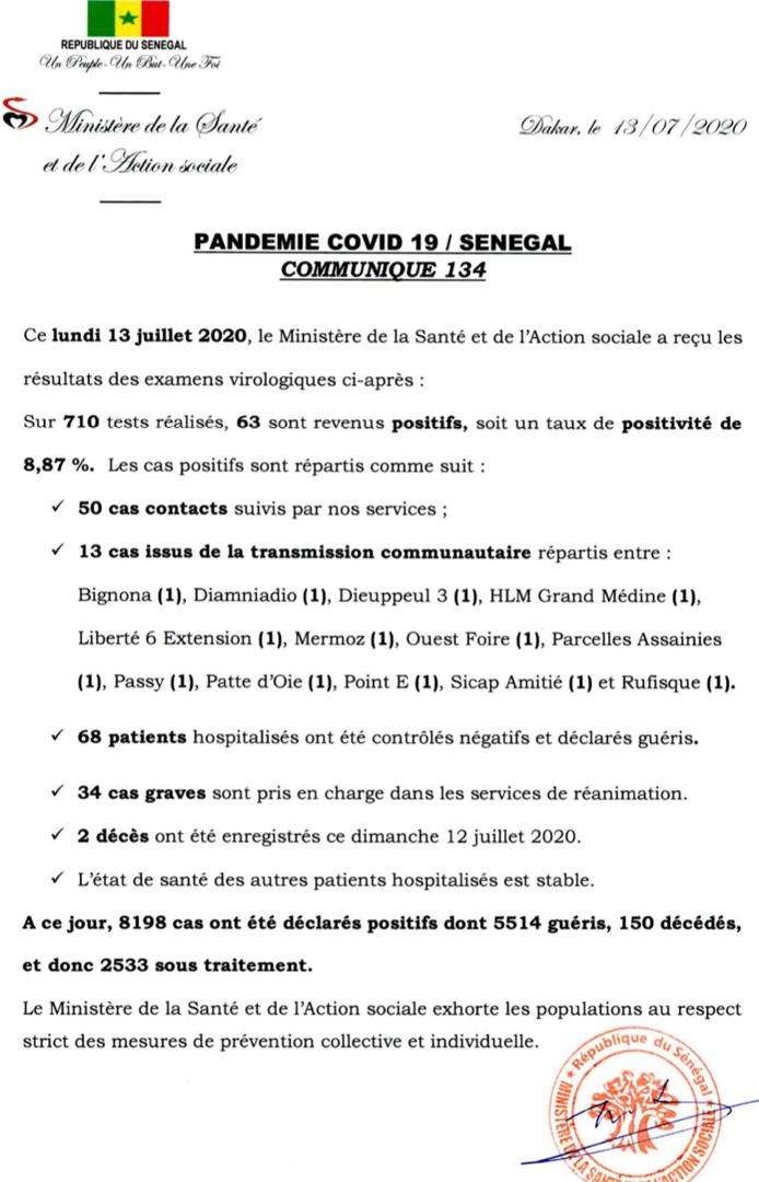 Coronavirus/Sénégal: 68 nouvelles infections, 150 morts