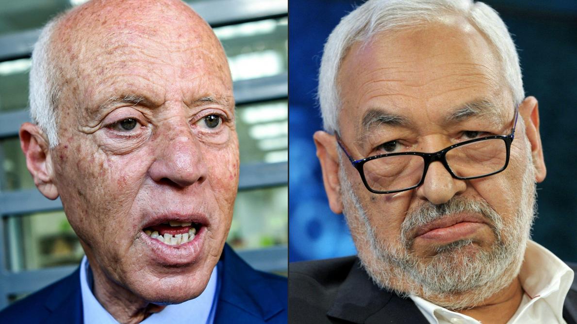 Le président Kais Saied (G) et le leader d'Ennahda Rachid Ghannouchi, président du parlement suspendu