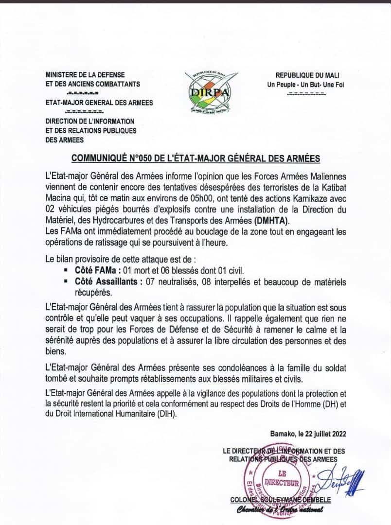 Bamako – L’armée malienne annonce avoir neutralisé des tentatives terroristes de la Katiba Macina, un bilan lourd