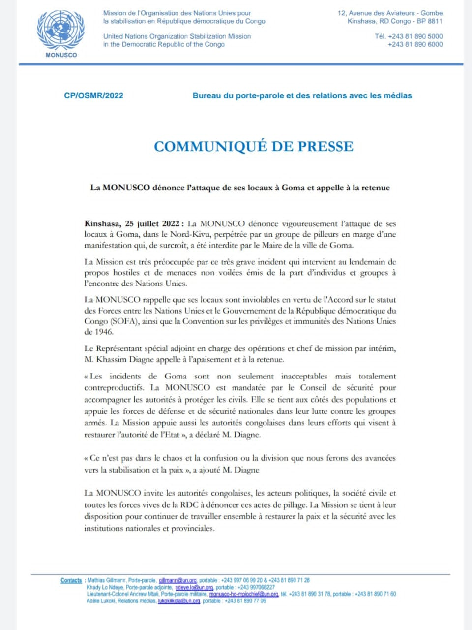 "La MONUSCO dénonce l'attaque de ses locaux à Goma et appelle à la retenue"