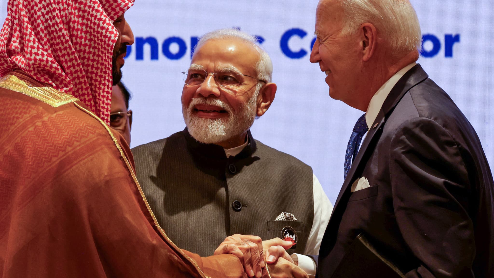 Mohamed Ben Salmane, Narendra Modi et Joe Biden á New Delhi