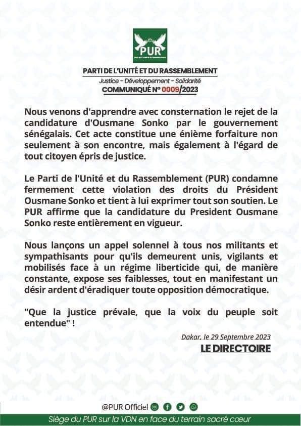 Parrainage - Le PUR condamne « une énième forfaiture du gouvernement du Sénégal contre Ousmane Sonko. »