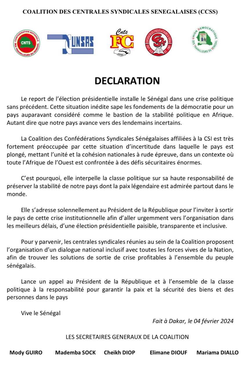 Présidentielle annulée : La Coalition des centrales syndicales sénégalaises dénonce une attaque contre les fondements de la démocratie