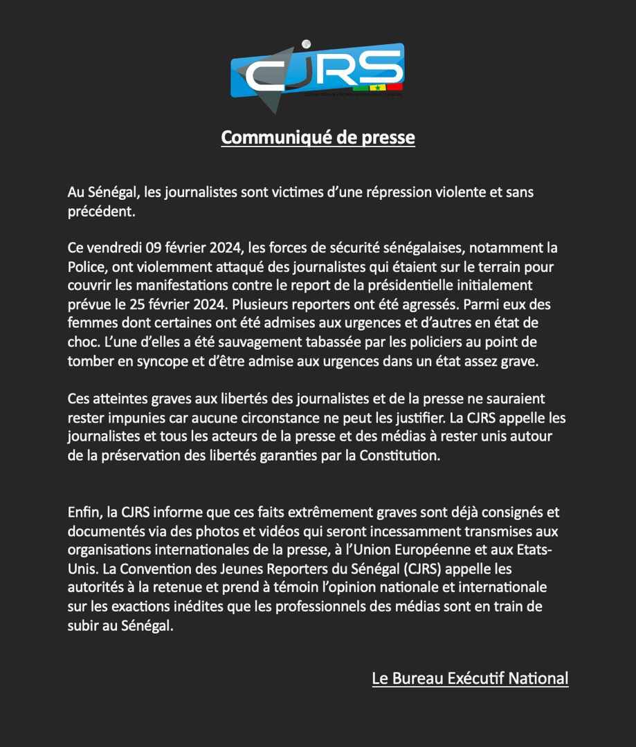 « Au Sénégal, les journalistes sont victimes d’une répression violente et sans précédent » (CJRS)  