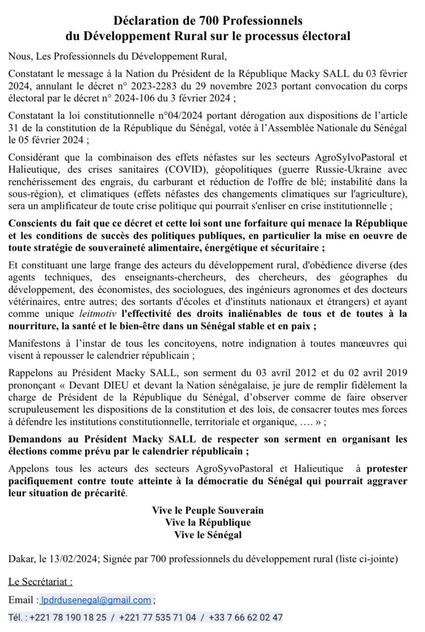 SENEGAL - Déclaration de 700 Professionnels du développement rural sur le processus électoral