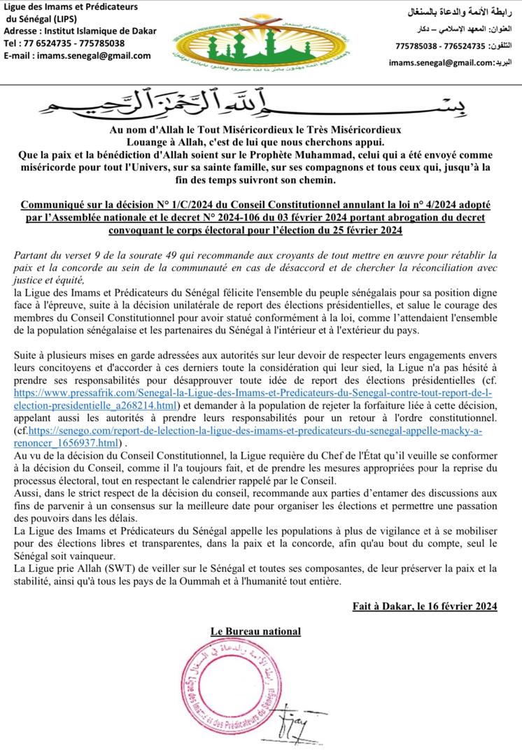 La Ligue des imams et prédicateurs du Sénégal "salue le courage des membres du Conseil constitutionnel"