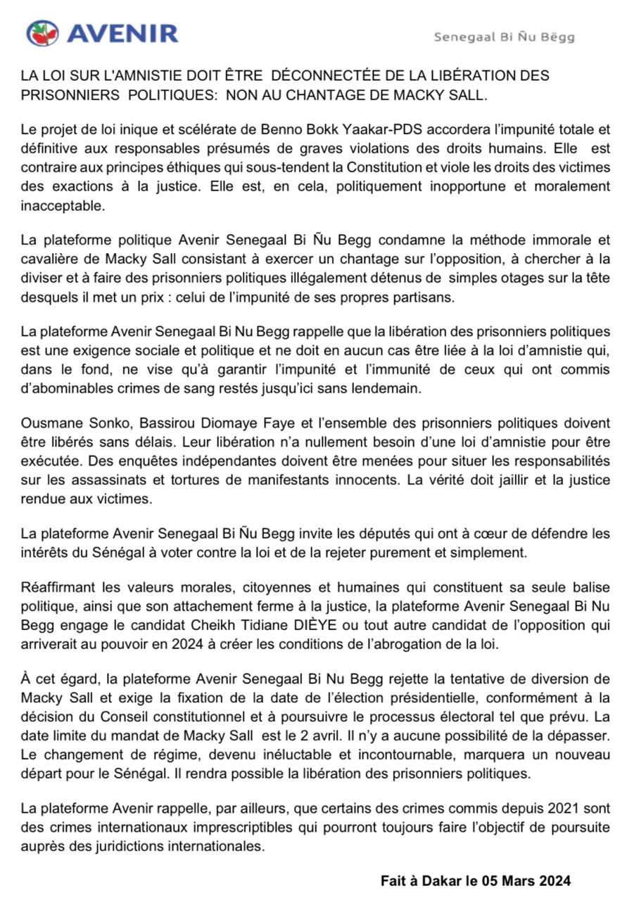 Loi d'amnistie - AVENIR Senegaal Bi Nu Bëgg dénonce le chantage de Macky Sall, appelle à voter 'Non"