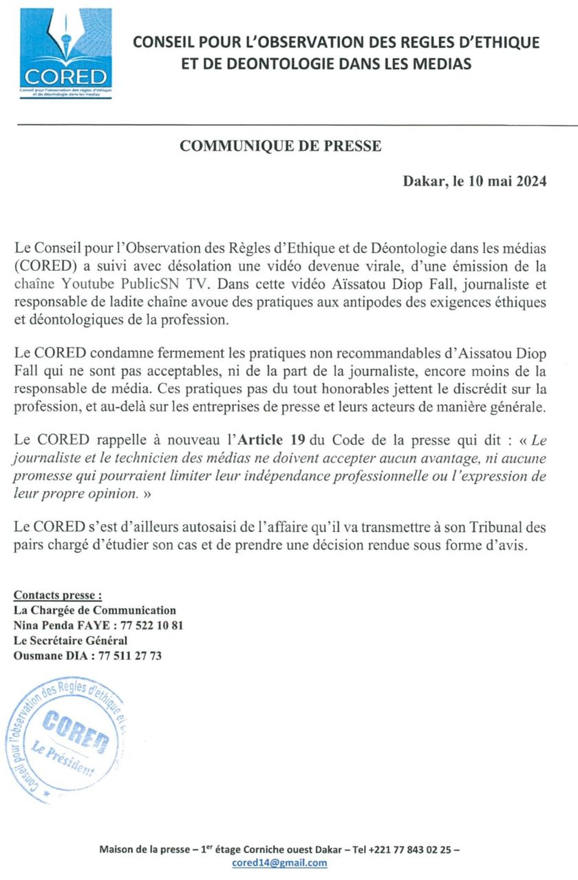 Pratiques journalistiques : Le CORED s'en prend à Aissatou Diop Fall