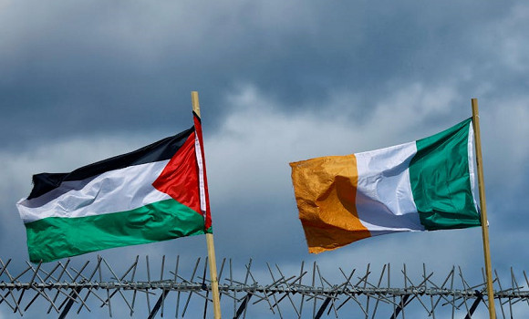 Les drapeaux irlandais (d) et palestinien