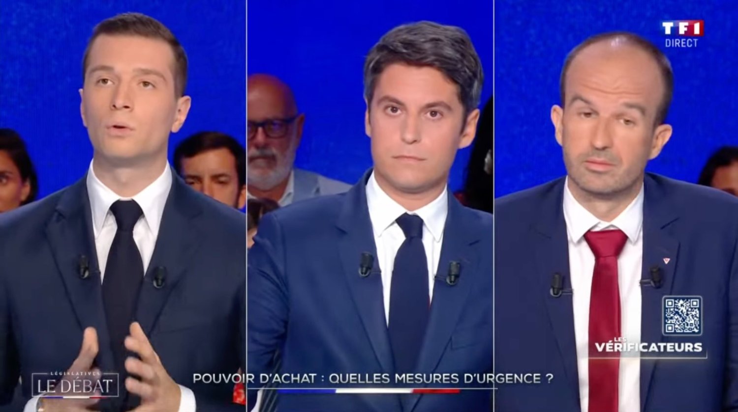 Manuel Bompard (NFP), Gabriel Attal (Ensemble) et Jordan Bardella (RN) (de droite à gauche) lors du débat de premier tour sur la chaine TF1