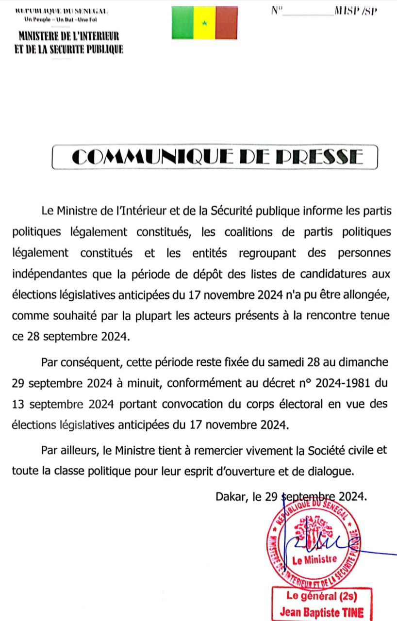 Législatives du 17-Novembre : le délai de dépôt des candidatures non prolongé