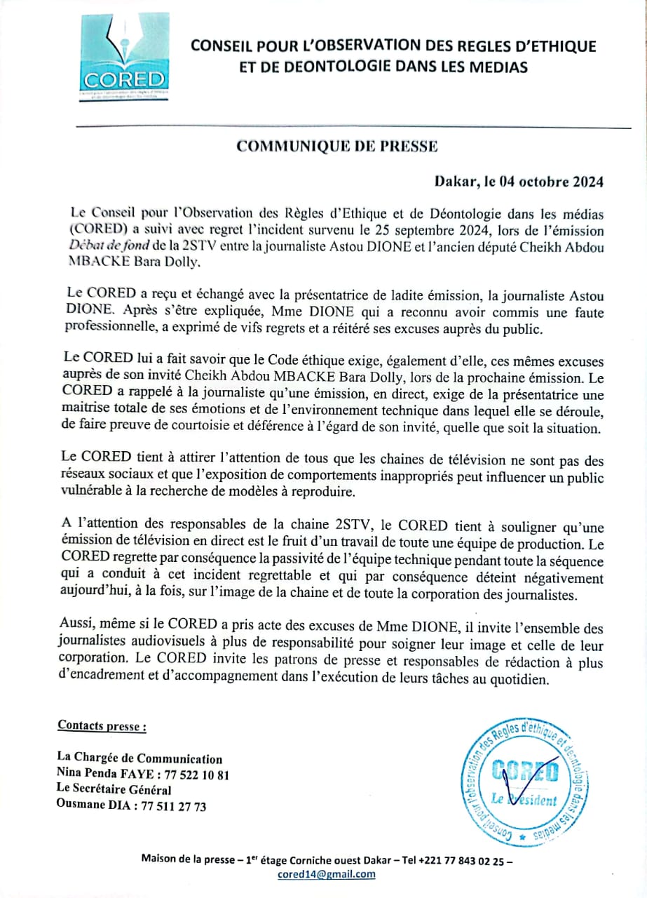 Le CORED sermonne la journaliste Astou Dione qui présente ses excuses après le clash avec Cheikh Abdou Bara Dolly Mbacké