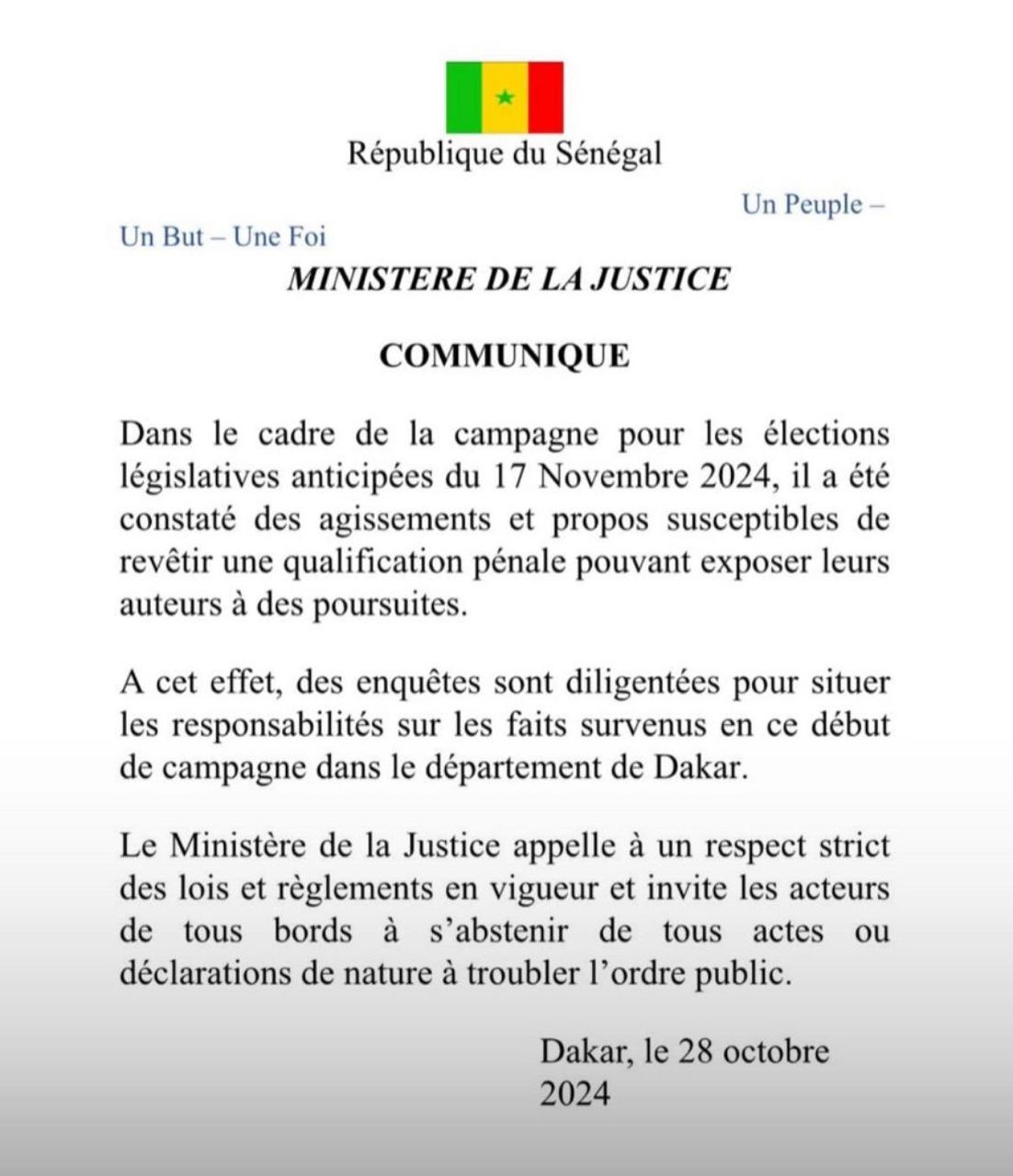 Campagne électorale - Le ministre de la Justice diligente des enquêtes sur des violences verbales et physiques (communiqué) 