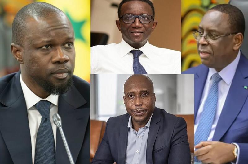 Ousmane Sonko (à g.), Amadou Ba (en h.), Barthélémy Dias (en b.) et Macky Sall (à d.)