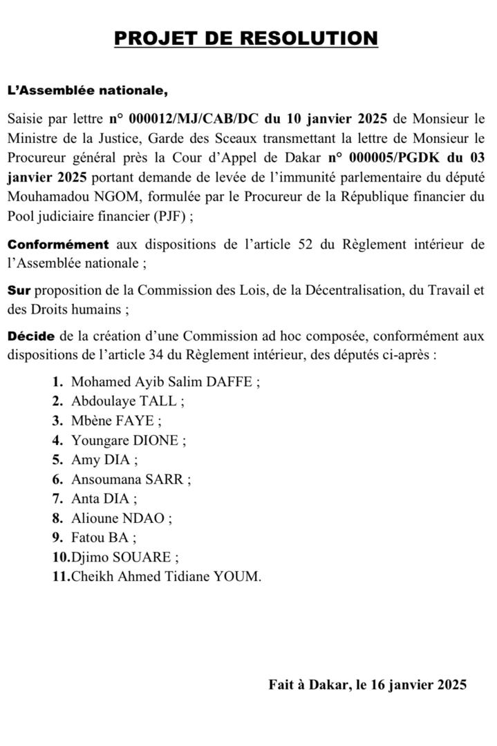 L'assemblée nationale met en place la Commission ad hoc chargée d'entendre le député Farba Ngom