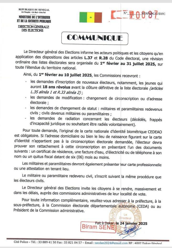 Listes électorales : La période de révision ordinaire étalée du 1er février au 10 juillet 2025