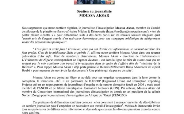 Plainte contre des cagoulards sur internet : Media&amp;Démocratie soutient le journaliste Moussa Aksar