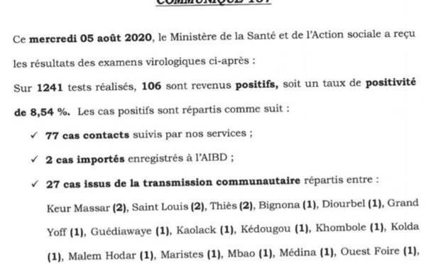 Coronavirus/Sénégal: 106 nouvelles infections, 2 cas à AIBD, 4 décès ce mardi