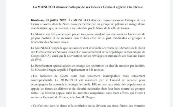 "La MONUSCO dénonce l'attaque de ses locaux à Goma et appelle à la retenue"