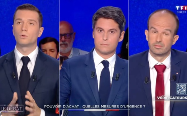 Manuel Bompard (NFP), Gabriel Attal (Ensemble) et Jordan Bardella (RN) (de droite à gauche) lors du débat de premier tour sur la chaine TF1