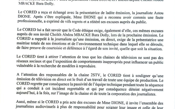 Le CORED sermonne la journaliste Astou Dione qui présente ses excuses après le clash avec Cheikh Abdou Bara Dolly Mbacké