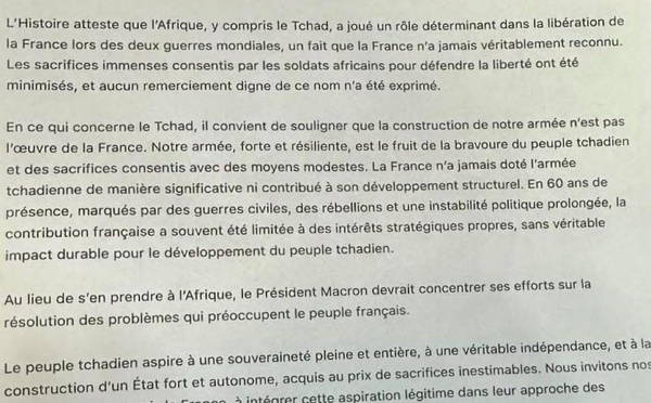 Le Tchad dénonce l'attitude et le discours méprisants de Macron contre l'Afrique et les Africains